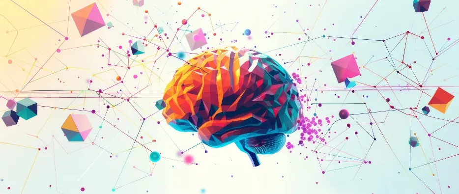 Illustrazione di un cervello a facce colorate, fra linee e poliedri sospesi.